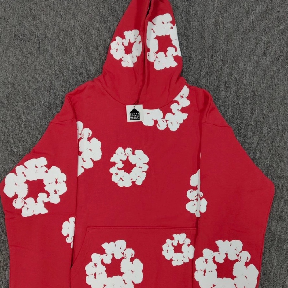 Denim & Flower Red Hoodie with White Floral Ring Prints